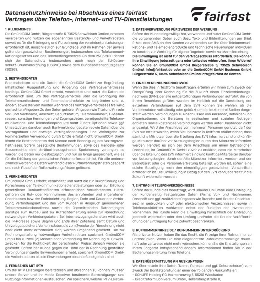 Vorschau Datenschutzhinweise bei Abschluss eines faifast-Vertrages